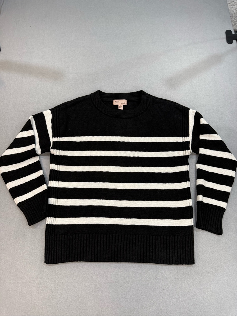 Philosophy Black and White Striped Crewneck Sweater